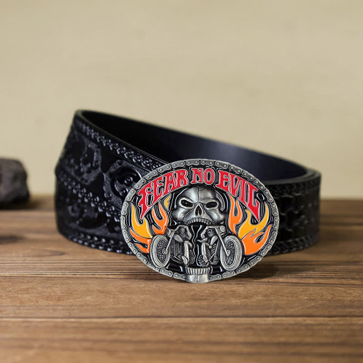 Cintura in pelle con fibbia da motociclista con teschio Fear No Evil fai da te da uomo
