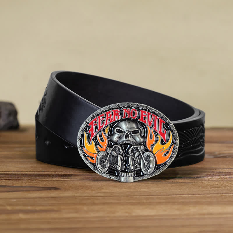 Cintura in pelle con fibbia da motociclista con teschio Fear No Evil fai da te da uomo