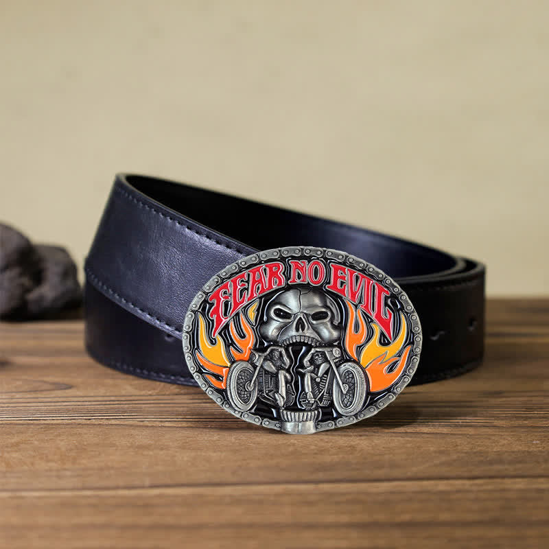 Cintura in pelle con fibbia da motociclista con teschio Fear No Evil fai da te da uomo