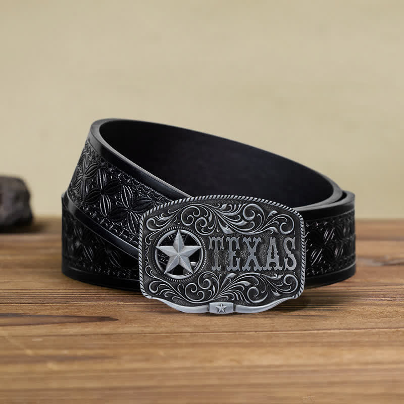 Cintura in pelle fai da te con fibbia a pentagramma Texas Hollow da uomo - Argento antico - Cintura in tessuto goffrato nero (40) - image 15