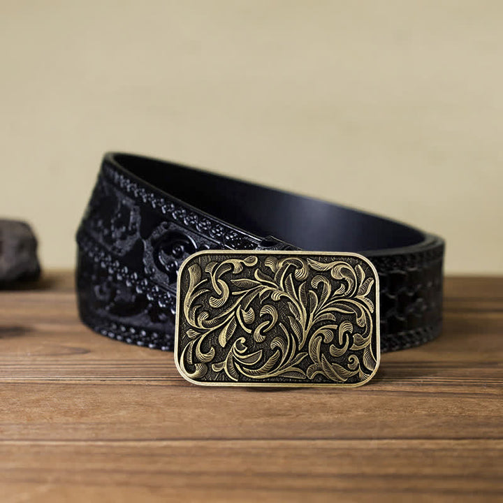 Cintura in pelle con fibbia a volute con foglie artistiche fai da te da uomo - Bronzo antico - Cintura nera intagliata (40) - image 5