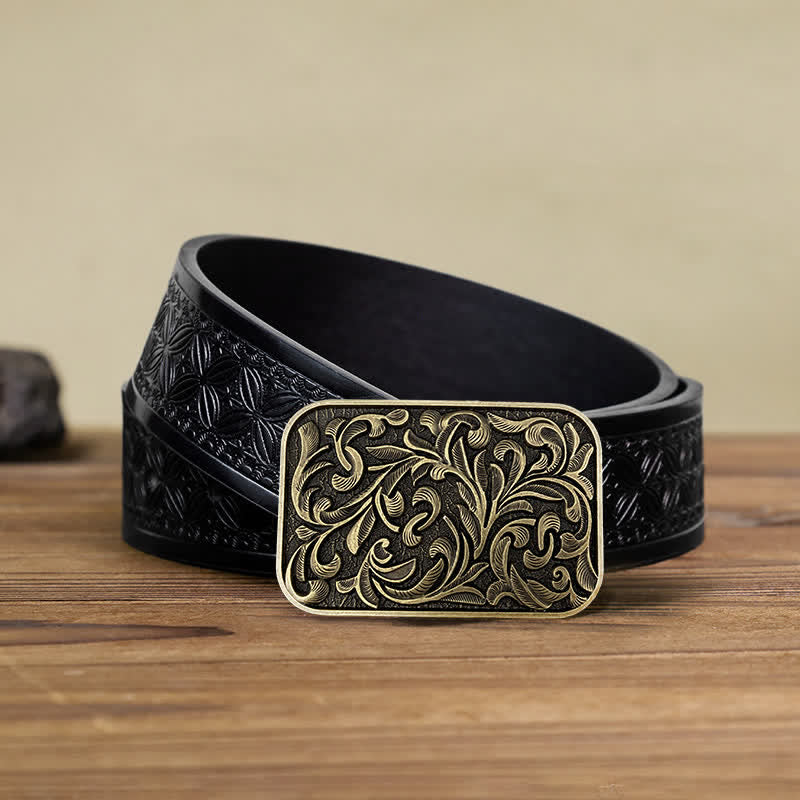 Cintura in pelle con fibbia a volute con foglie artistiche fai da te da uomo - Bronzo antico - Cintura in tessuto goffrato nero (40) - image 4
