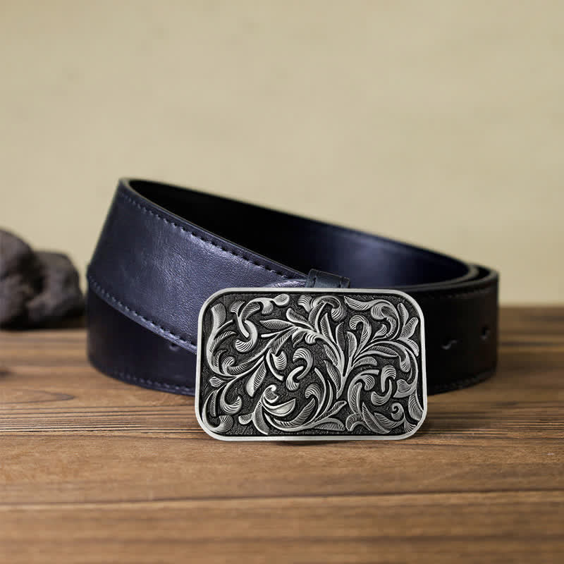 Cintura in pelle con fibbia a volute con foglie artistiche fai da te da uomo - Argento antico - Cintura PU nera (40) - image 13