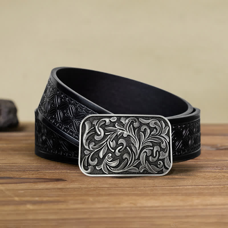 Cintura in pelle con fibbia a volute con foglie artistiche fai da te da uomo - Argento antico - Cintura in tessuto goffrato nero (40) - image 15
