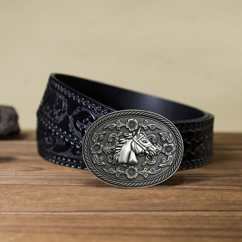 Cintura in pelle con fibbia floreale a forma di cavallo western fai da te da uomo