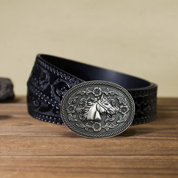 Cintura in pelle con fibbia floreale a forma di cavallo western fai da te da uomo