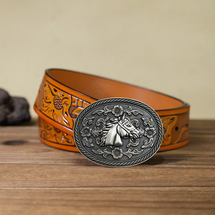 Cintura in pelle con fibbia floreale a forma di cavallo western fai da te da uomo