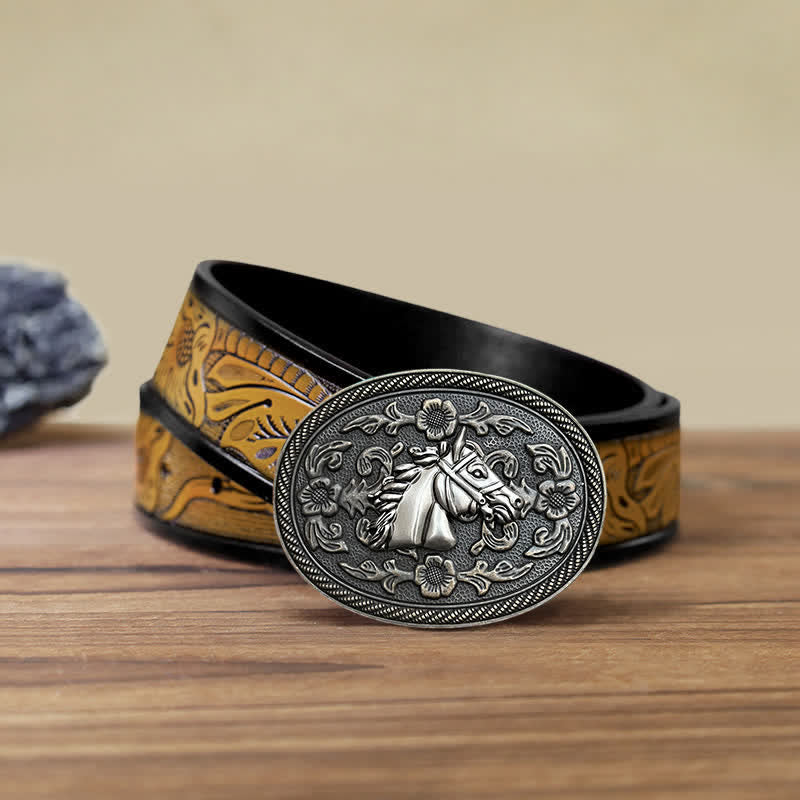 Cintura in pelle con fibbia floreale a forma di cavallo western fai da te da uomo