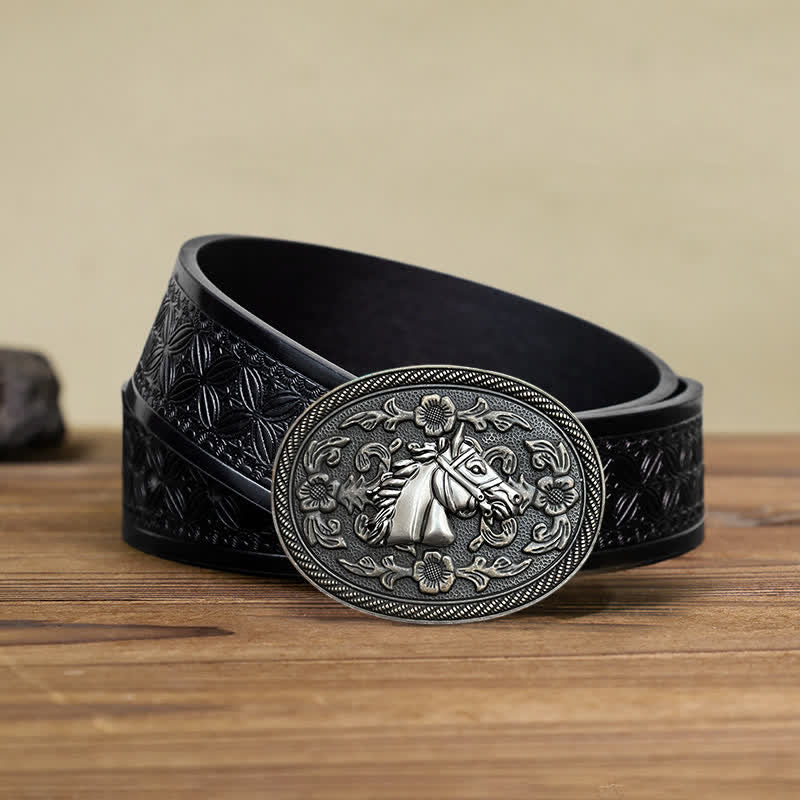 Cintura in pelle con fibbia floreale a forma di cavallo western fai da te da uomo