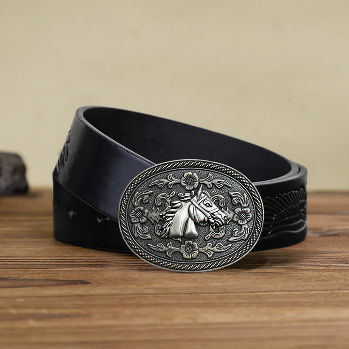 Cintura in pelle con fibbia floreale a forma di cavallo western fai da te da uomo