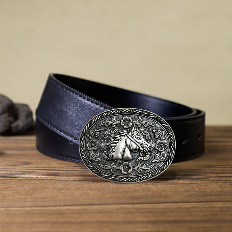 Cintura in pelle con fibbia floreale a forma di cavallo western fai da te da uomo - Testa di cavallo - Cintura PU nera (40) - image 3
