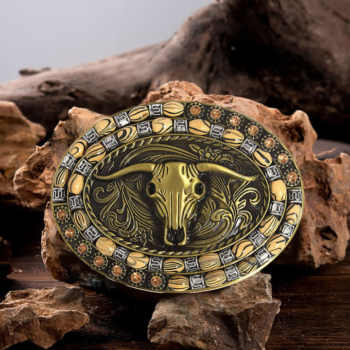 Cintura in pelle con fibbia decorativa con perline a testa di toro in oro fai da te da uomo