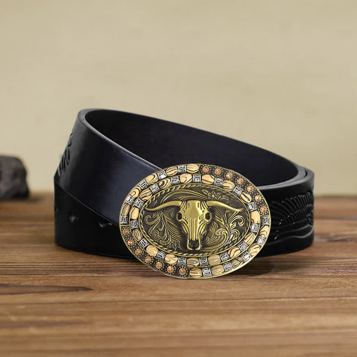 Cintura in pelle con fibbia decorativa con perline a testa di toro in oro fai da te da uomo