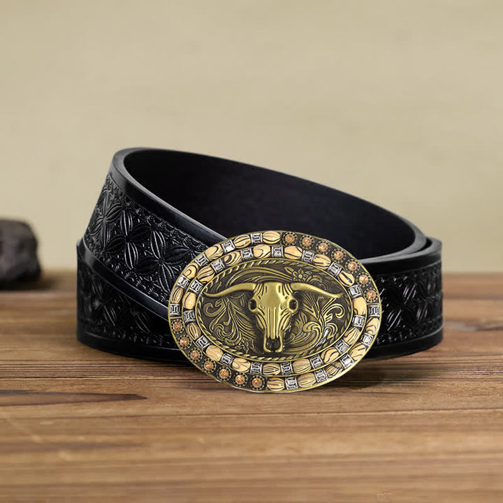 Cintura in pelle con fibbia decorativa con perline a testa di toro in oro fai da te da uomo