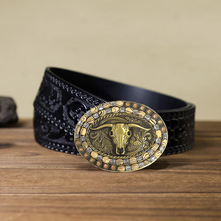 Cintura in pelle con fibbia decorativa con perline a testa di toro in oro fai da te da uomo