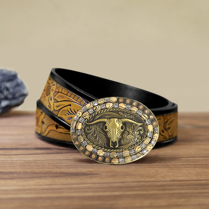 Cintura in pelle con fibbia decorativa con perline a testa di toro in oro fai da te da uomo