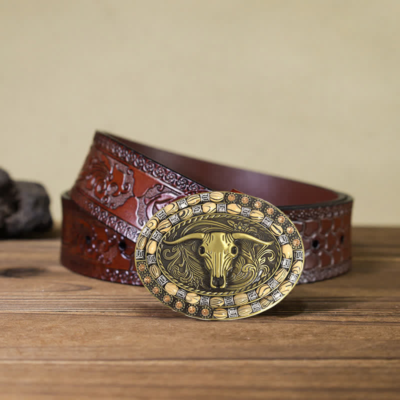 Cintura in pelle con fibbia decorativa con perline a testa di toro in oro fai da te da uomo