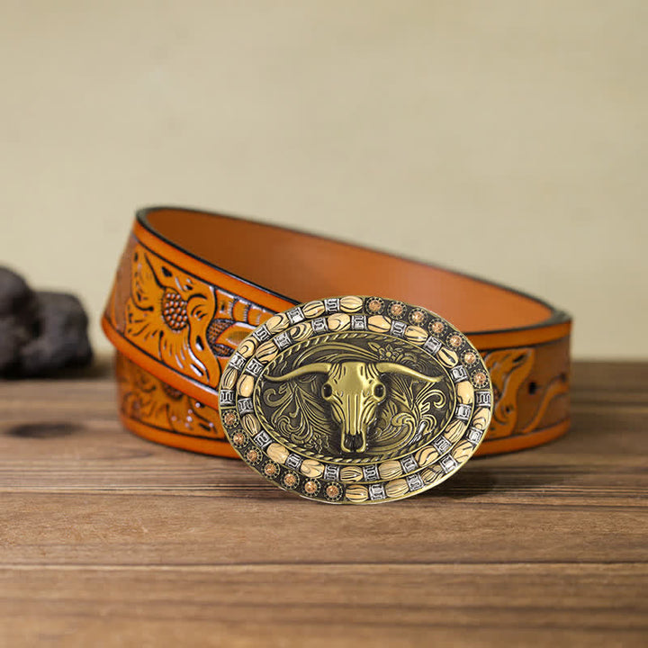 Cintura in pelle con fibbia decorativa con perline a testa di toro in oro fai da te da uomo