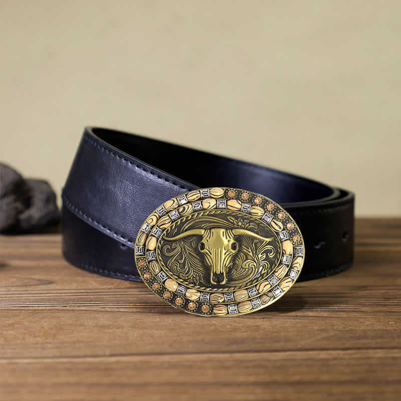 Cintura in pelle con fibbia decorativa con perline a testa di toro in oro fai da te da uomo