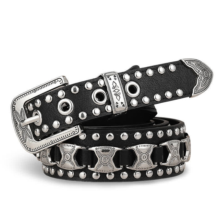 Cintura in pelle con fibbia intagliata con rivetto Concho occidentale - Nero - 34 - image 0