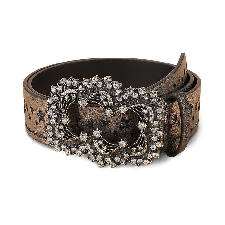Cintura in pelle con goffratura a pentagramma con strass da donna
