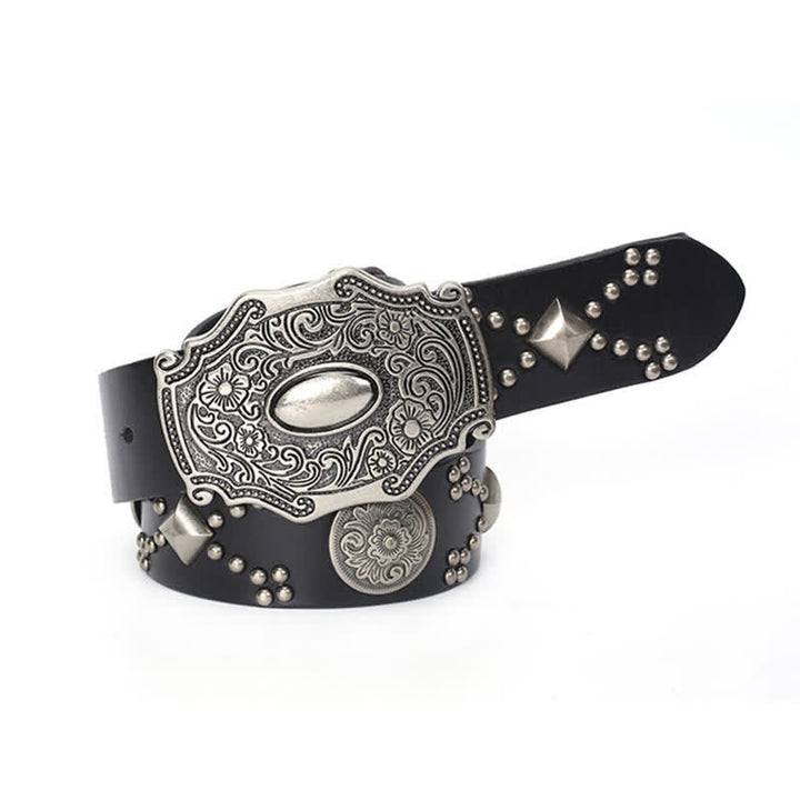 Cintura da uomo in pelle con fibbia floreale punk e borchie a rivetto