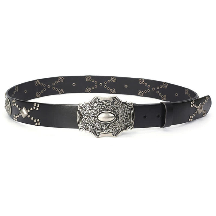 Cintura da uomo in pelle con fibbia floreale punk e borchie a rivetto - image 1
