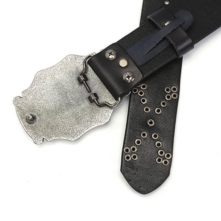 Cintura da uomo in pelle con fibbia floreale punk e borchie a rivetto