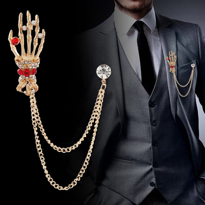 Spilla da uomo con strass a forma di dito scheletro