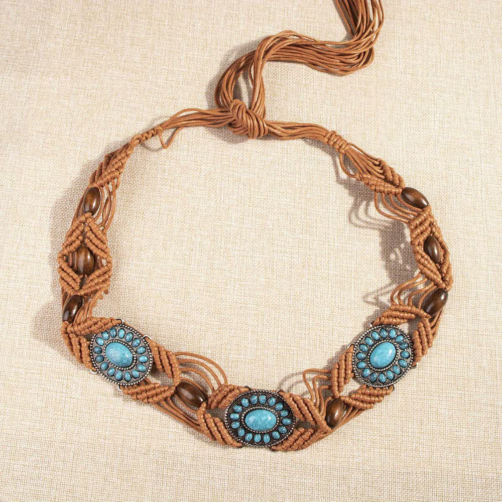 Cintura intrecciata in corda bohémien con intarsi turchesi da donna - Marrone - 71" - image 1