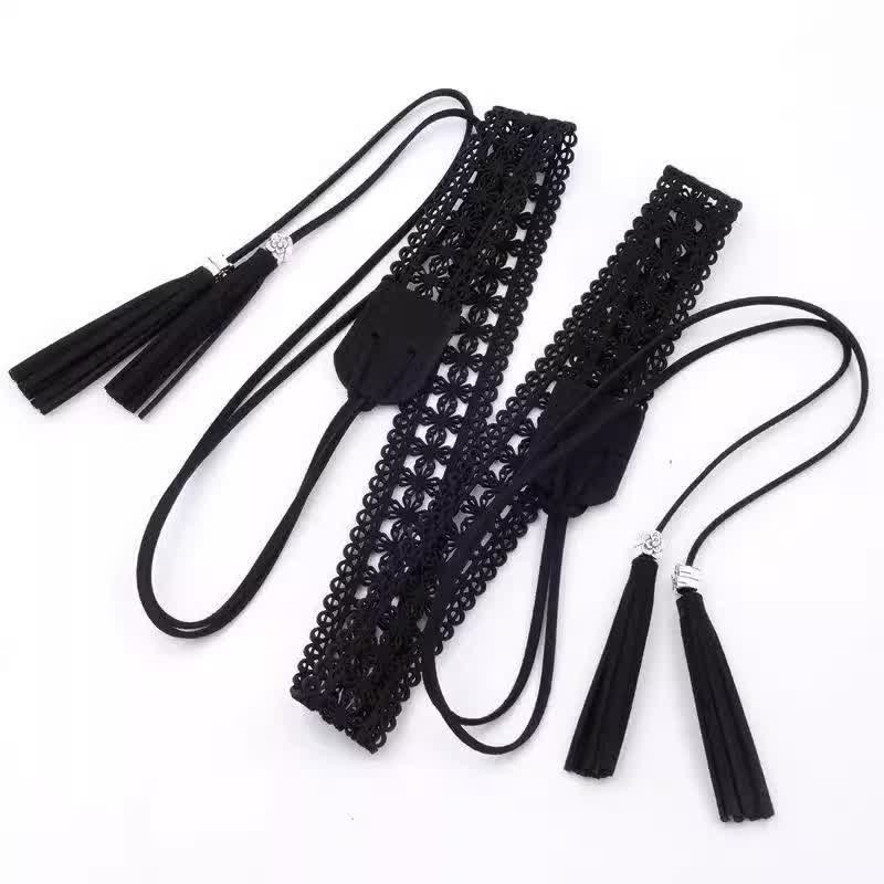 Cintura da donna in corda con fiore cavo in stile bohémien - Nero - 67" - image 9