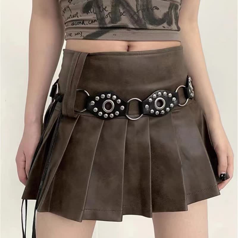 Cintura da donna in pelle con rivetti circolari e anello in vita con corda - Nero - 75" - image 0