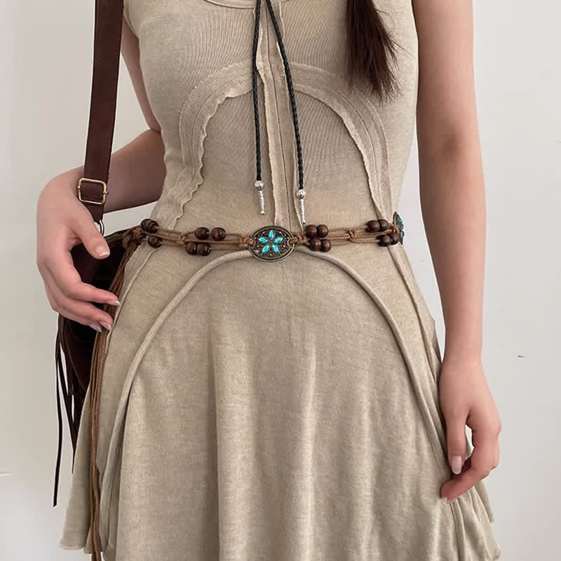 Cintura intrecciata in corda con perline di legno e pietre preziose da donna