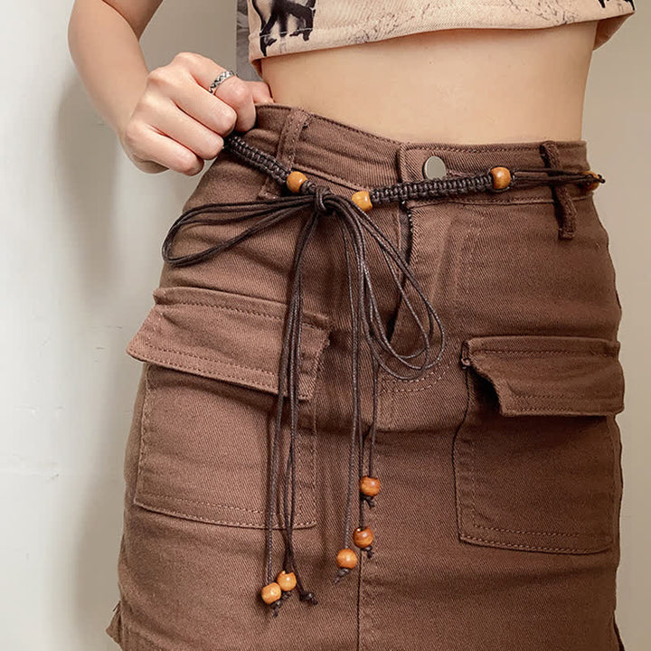 Cintura intrecciata in corda con decorazione di perline in stile Boemia da donna