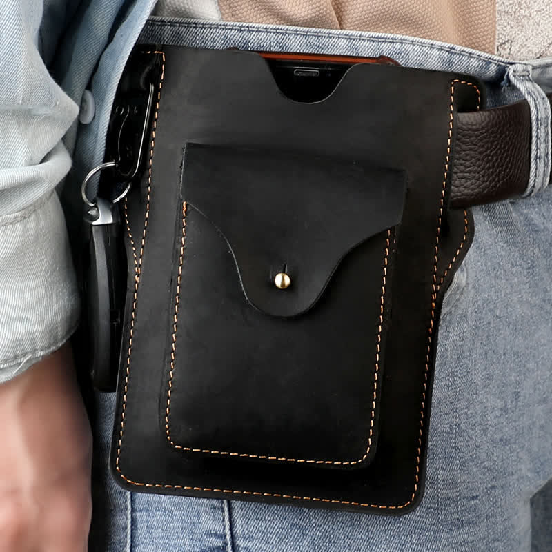 Portachiavi con fondina per cellulare da esterno, in pelle, con cintura