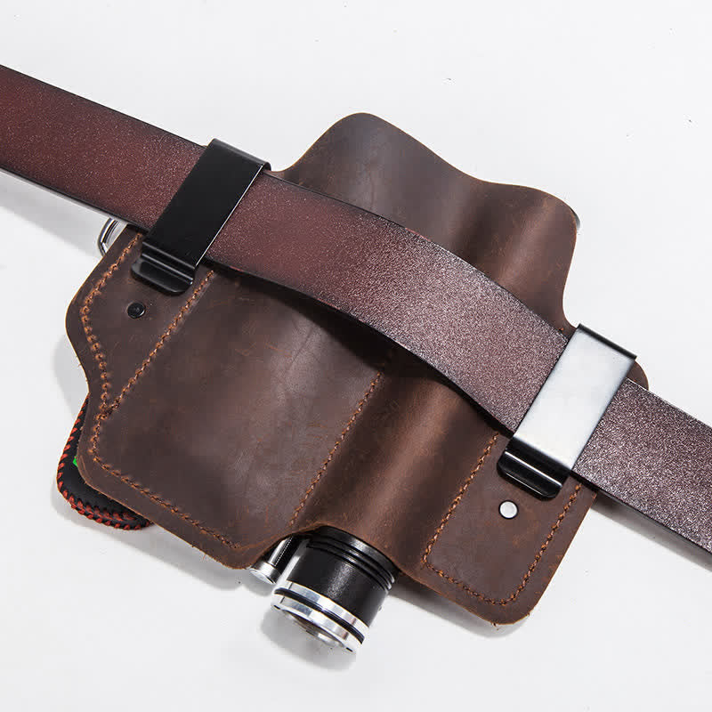 Borsa da cintura in pelle da campeggio con fondina per coltello pieghevole portatile