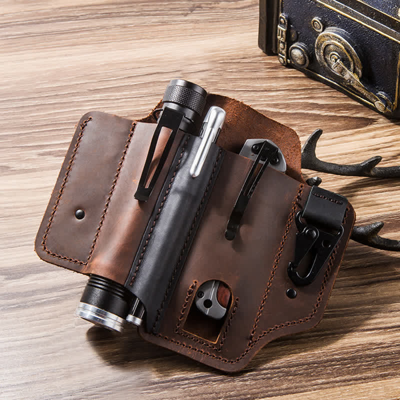 Borsa da cintura in pelle da campeggio con fondina per coltello pieghevole portatile