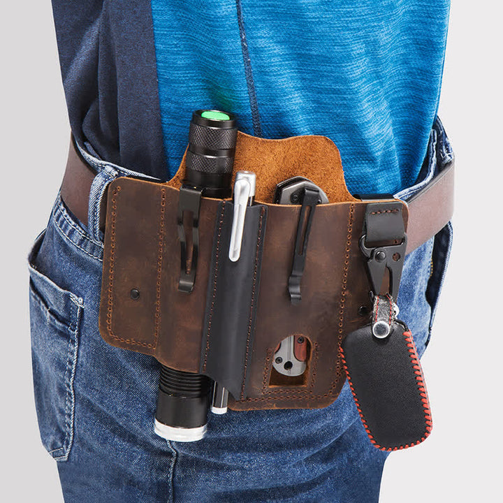 Borsa da cintura in pelle da campeggio con fondina per coltello pieghevole portatile