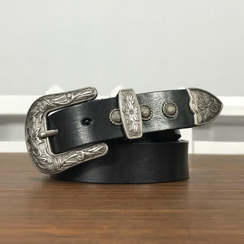 Cintura in pelle con fibbia a fiore intagliata vintage e borchie a rivetto - Nero - 38 - image 0