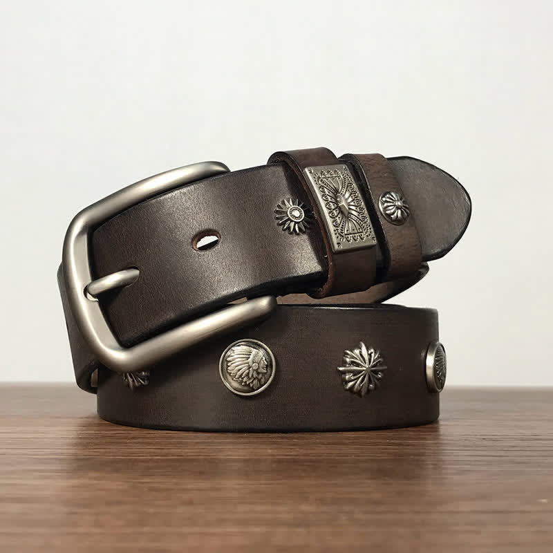 Cintura in pelle per jeans casual con borchie in metallo retrò - Caffè - 42 - image 4