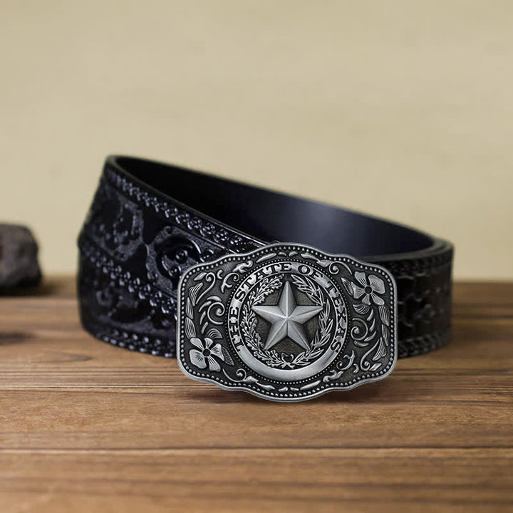 Cintura in pelle fai da te da uomo con fibbia a cinque stelle dello stato del Texas - Argento antico - Cintura nera intagliata (40) - image 8