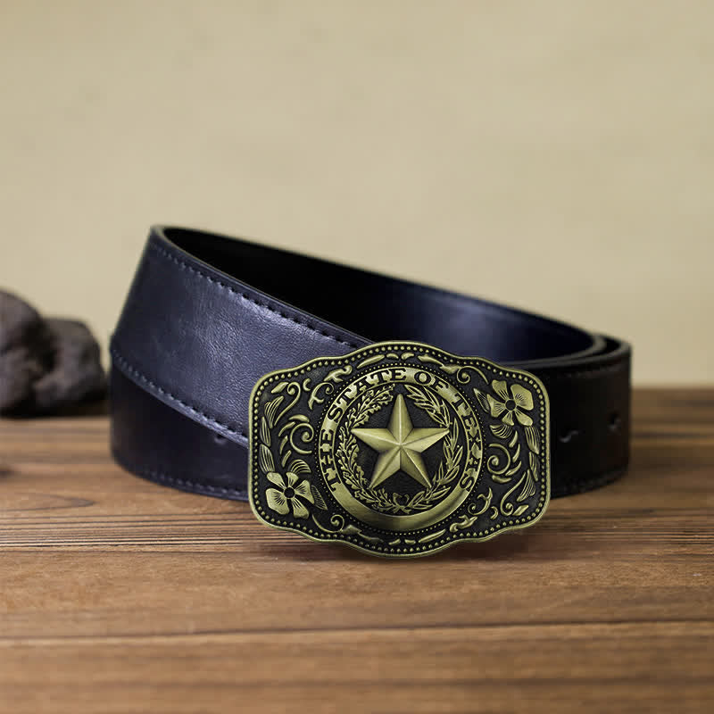 Cintura in pelle fai da te da uomo con fibbia a cinque stelle dello stato del Texas - Bronzo antico - Cintura PU nera (40) - image 13