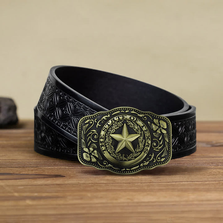 Cintura in pelle fai da te da uomo con fibbia a cinque stelle dello stato del Texas - Bronzo antico - Cintura in tessuto goffrato nero (40) - image 15