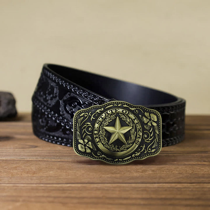Cintura in pelle fai da te da uomo con fibbia a cinque stelle dello stato del Texas - Bronzo antico - Cintura nera intagliata (40) - image 16
