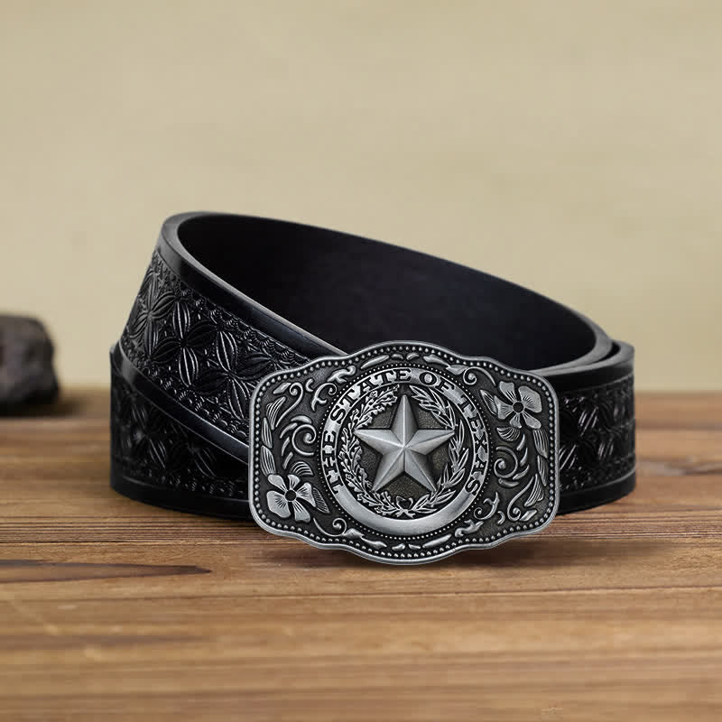 Cintura in pelle fai da te da uomo con fibbia a cinque stelle dello stato del Texas - Argento antico - Cintura in tessuto goffrato nero (40) - image 7