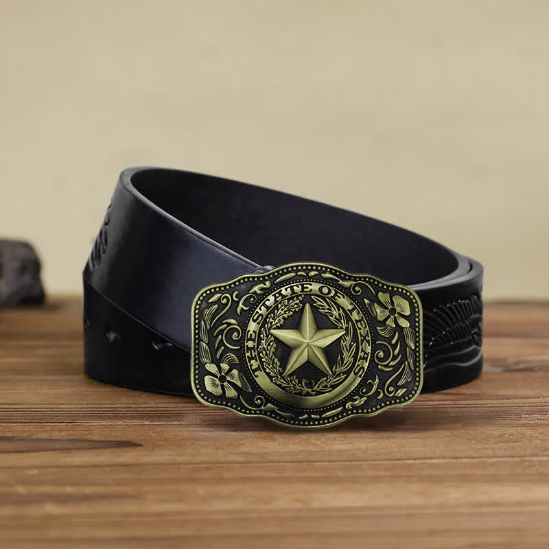 Cintura in pelle fai da te da uomo con fibbia a cinque stelle dello stato del Texas - Bronzo antico - Cintura aquila in rilievo nera (40) - image 14