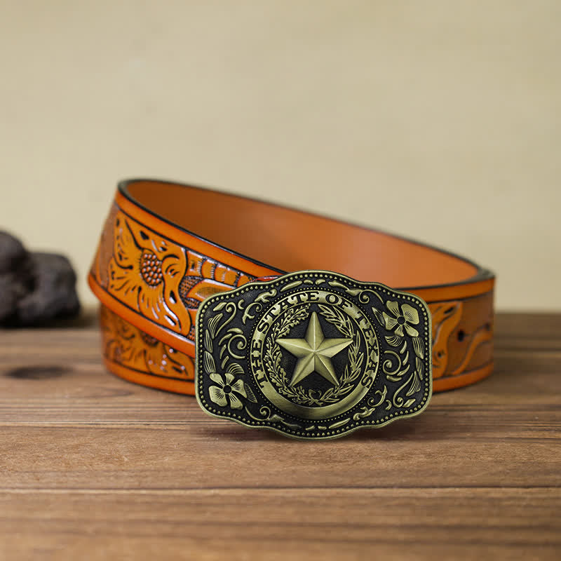 Cintura in pelle fai da te da uomo con fibbia a cinque stelle dello stato del Texas - Bronzo antico - Cintura intagliata arancione (40) - image 19