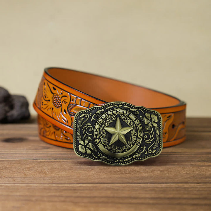Cintura in pelle fai da te da uomo con fibbia a cinque stelle dello stato del Texas - Bronzo antico - Cintura intagliata arancione (40) - image 19