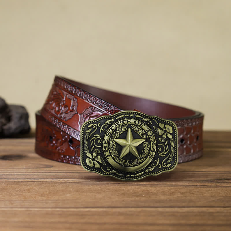 Cintura in pelle fai da te da uomo con fibbia a cinque stelle dello stato del Texas - Bronzo antico - Cintura marrone intagliata (40) - image 17
