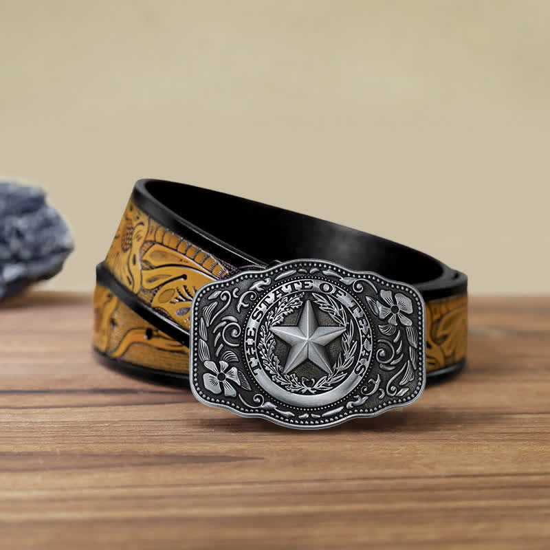 Cintura in pelle fai da te da uomo con fibbia a cinque stelle dello stato del Texas - Argento antico - Cintura marrone sabbia (40) - image 10